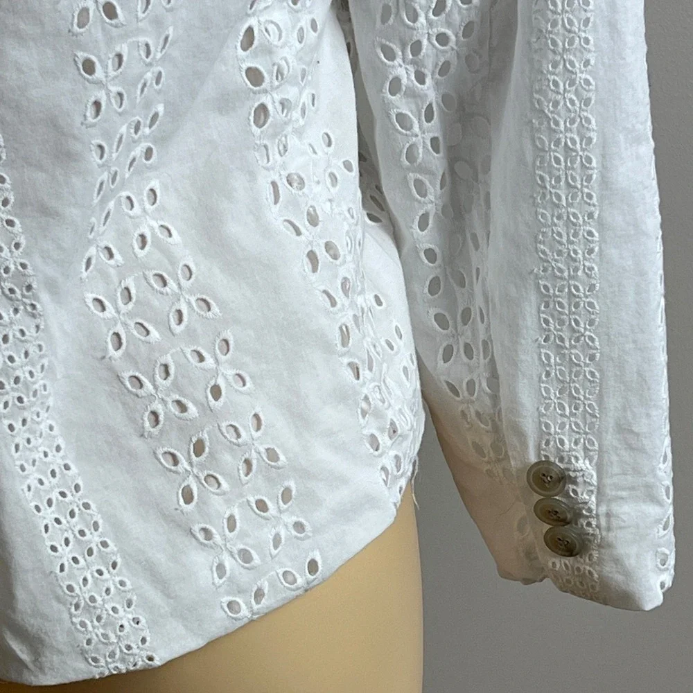 J.Crew Eyelet Blazer Womens 4 White Cotton‎ Floral Lace Two Button Summer Jacket